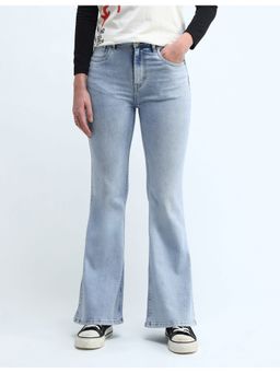 Flying Machine - Women Blue Cotton Solid Flared Jeans