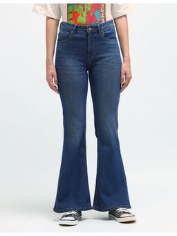Flying Machine - Women Blue Cotton Solid Flared Jeans