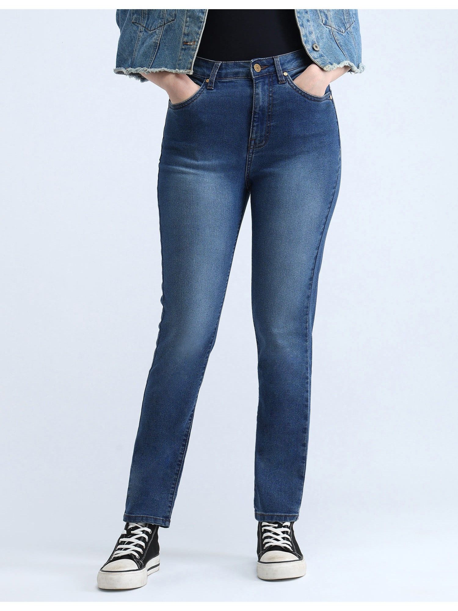 Women Blue Cotton Solid Slim Jeans-image-17