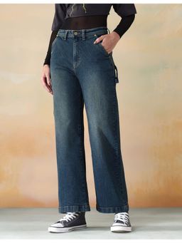 Flying Machine - Women Blue Cotton Solid Wide Jeans