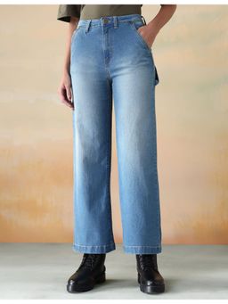 Flying Machine - Women Blue Cotton Solid Wide Jeans