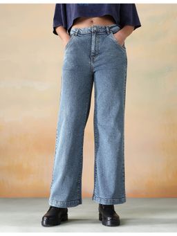Flying Machine - Women Blue Cotton Solid Wide Jeans