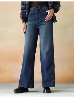 Flying Machine - Women Blue Cotton Solid Wide Jeans