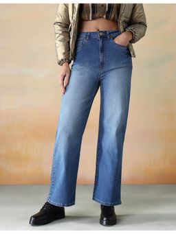 Flying Machine - Women Blue Cotton Solid Wide Jeans