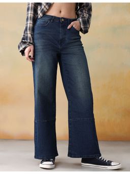 Flying Machine - Women Blue Cotton Solid Wide Jeans