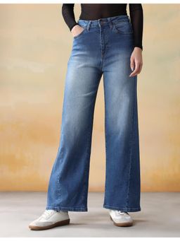 Flying Machine - Women Blue Cotton Solid Wide Jeans