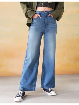 Flying Machine - Women Blue Cotton Solid Wide Jeans