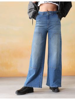 Flying Machine - Women Blue Cotton Solid Wide Jeans