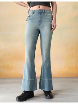 Flying Machine - Women Blue Cotton Solid Flared Jeans