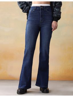 Flying Machine - Women Blue Cotton Solid Flared Jeans