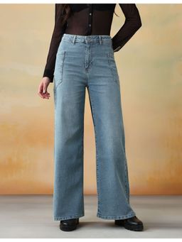 Flying Machine - Women Blue Cotton Solid Wide Jeans