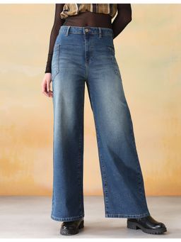 Flying Machine - Women Blue Cotton Solid Wide Jeans