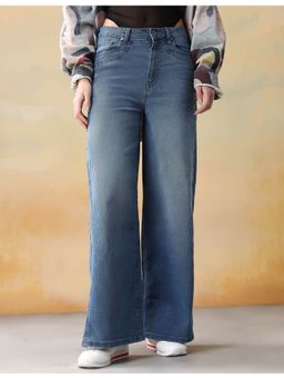Flying Machine - Women Blue Cotton Solid Wide Jeans