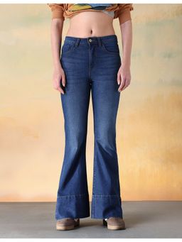 Flying Machine - Women Blue Cotton Solid Flared Jeans