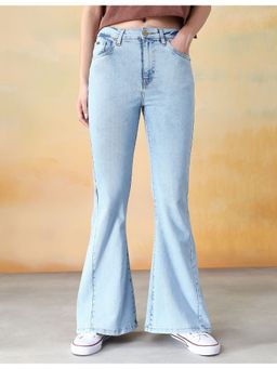 Flying Machine - Women Blue Cotton Solid Flared Jeans