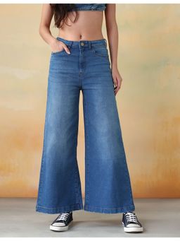 Flying Machine - Women Blue Cotton Solid Wide Jeans