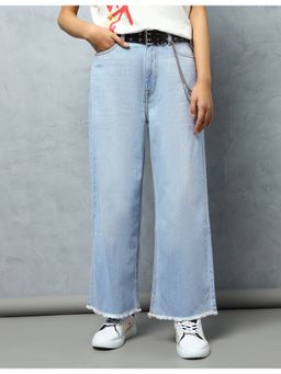 Flying Machine - Women Blue Cotton Solid Flared Jeans