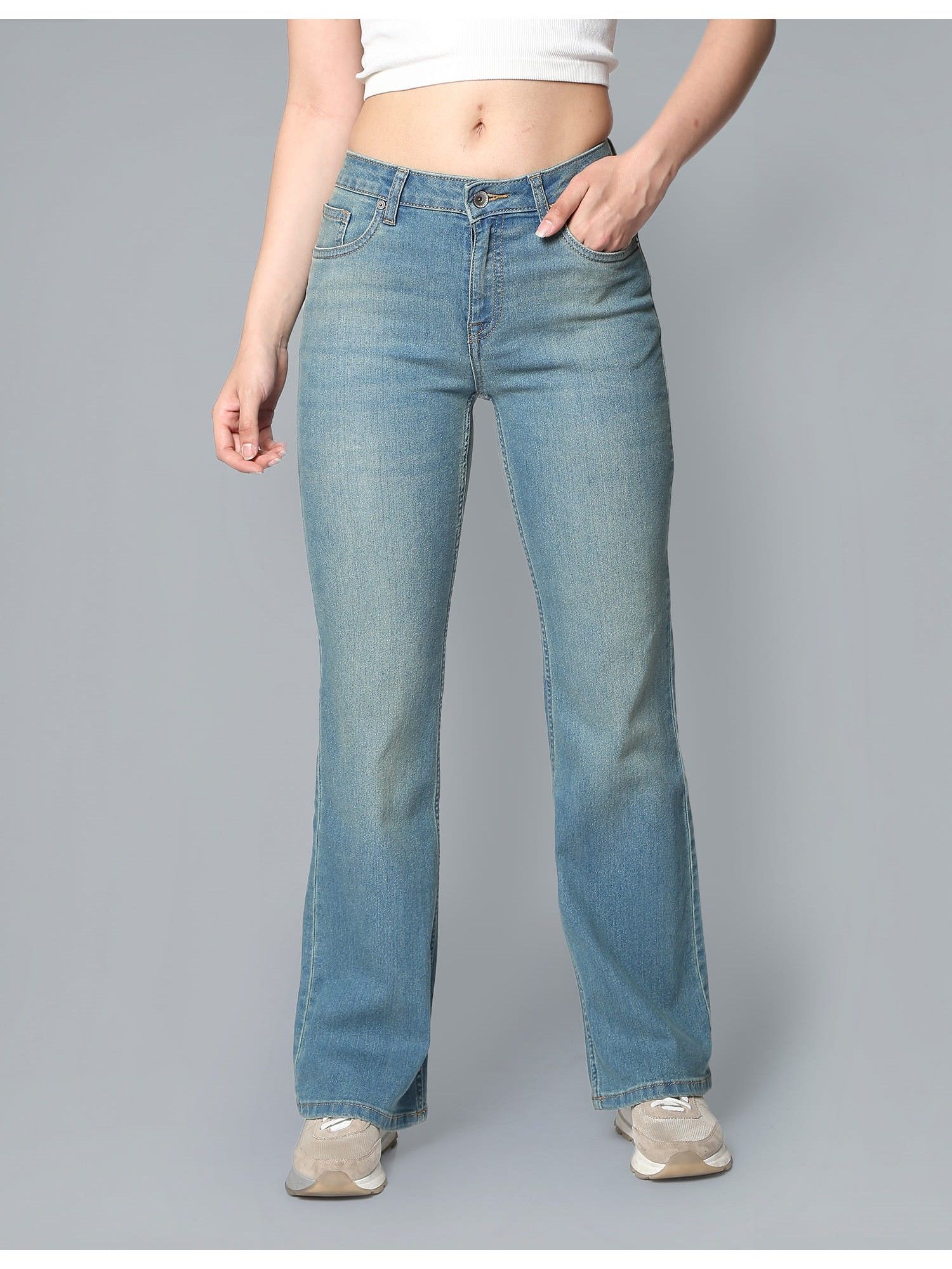 Women Blue Cotton Solid Bootcut Jeans-image-1