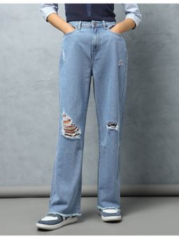 Flying Machine - Women Blue Cotton Solid Straight Jeans