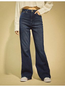 Flying Machine - Women Blue Cotton Solid Flared Jeans