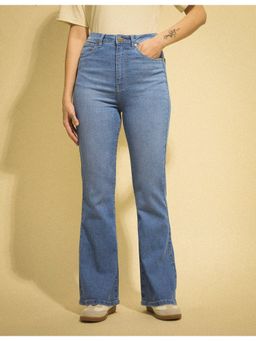 Flying Machine - Women Blue Cotton Solid Flared Jeans