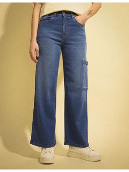 Flying Machine - Women Blue Cotton Solid Wide Jeans
