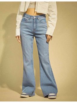 Flying Machine - Women Blue Cotton Solid Flared Jeans