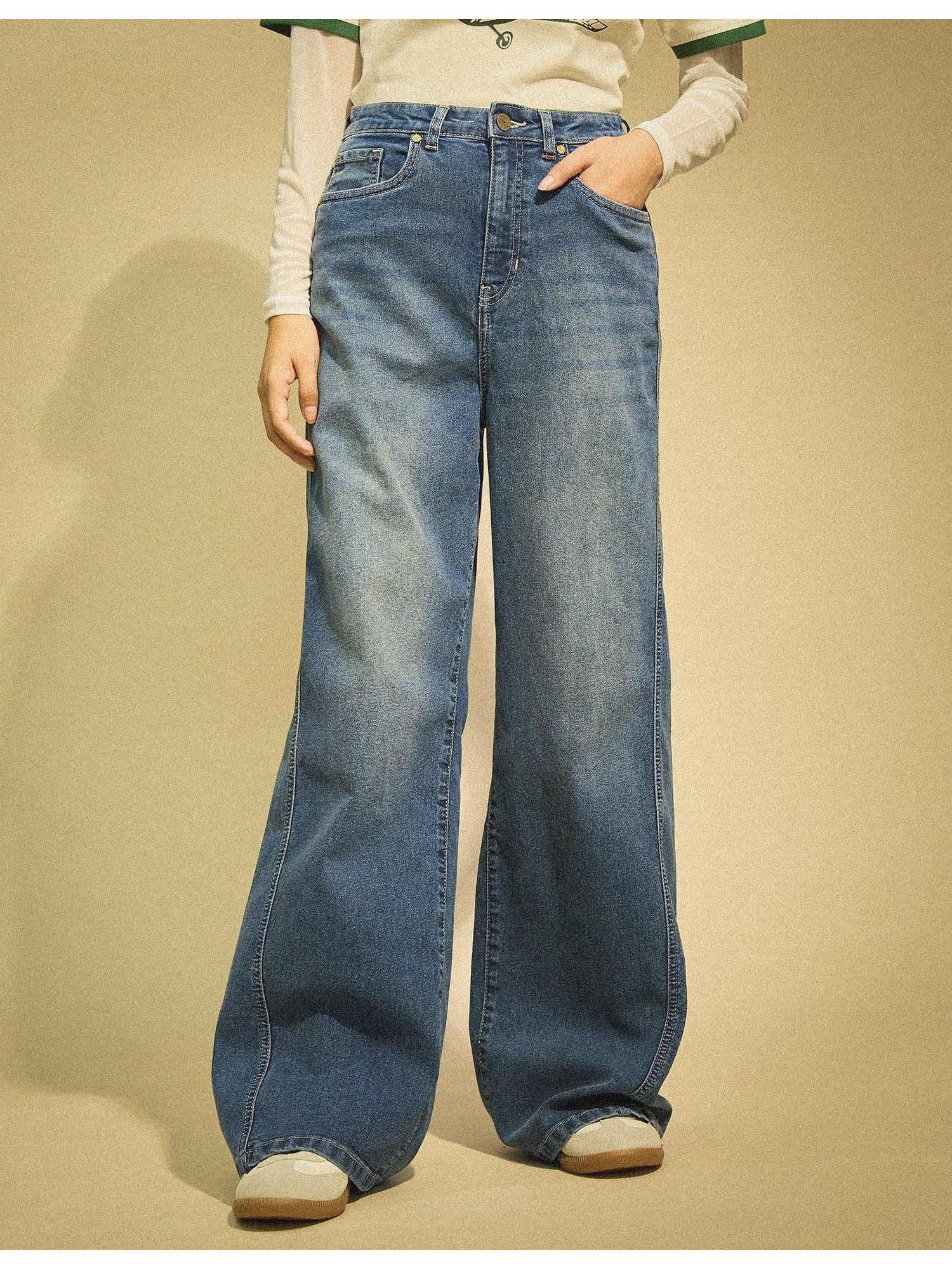 Women Blue Cotton Solid Wide Jeans-image-17
