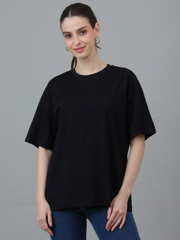 Free Authority - Women Short Sleeve Round Neck Pure Cotton Oversized Fit Solid Black T-Shirt