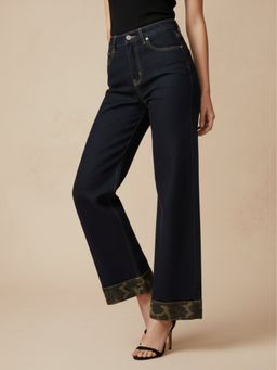 Outzidr - Women Black Polyester Printed Wide Jeans