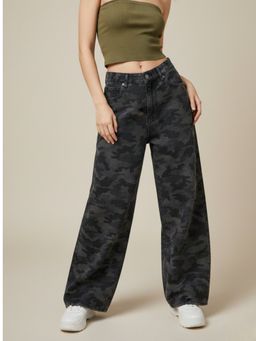 Outzidr - Women Grey Polyester Printed Wide Jeans