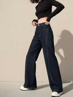 Outzidr - Women Navy Blue Polyester Solid Wide Jeans