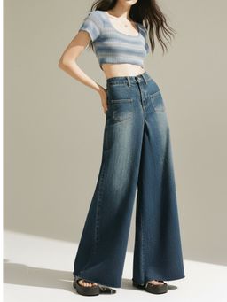 Outzidr - Women Blue Polyester Solid Wide Jeans