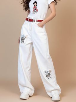 Outzidr - Women White Polyester Solid Wide Jeans