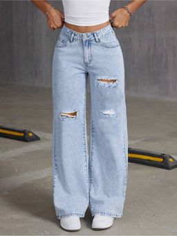 Outzidr - Women Blue Polyester Solid Wide Jeans