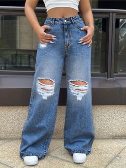 Outzidr - Women Blue Polyester Solid Wide Jeans