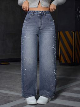 Outzidr - Women Blue Polyester Solid Wide Jeans