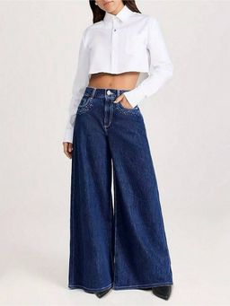 Outzidr - Women Navy Blue Polyester Solid Wide Jeans