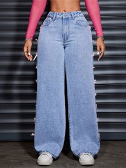 Outzidr - Women Blue Polyester Solid Wide Jeans