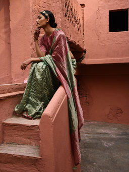 DEEPTHEE - Green Metallic Saree with Color Block Stitched Blouse