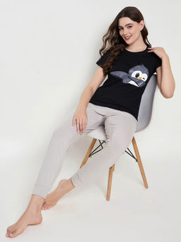 Clovia - Cotton Printed Top & Basic Pyjama Set - Black