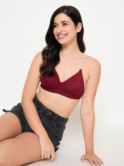 Clovia - Non-Wired Full Coverage T-Shirt Bra with Straps In Maroon Cotton Rich