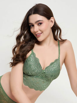 Clovia - Padded Non-Wired Full Cup Longline Bralette In Forest Green - Lace