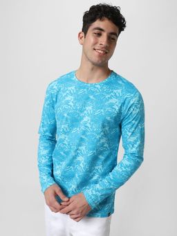 Urbano Fashion - Men Aqua Blue Printed Full Sleeve Slim Fit T-shirt