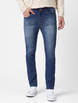 Urbano Fashion - Mens Blue Slim Fit Mild Distressed/Torn Jeans Stretchable