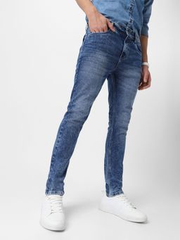 Urbano Fashion - Mens Blue Skinny Fit Washed Jeans Stretchable