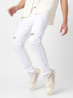 Urbano Fashion - Men White Slim Fit Knee Slit Distressed Jeans Stretch