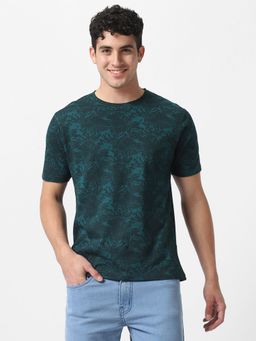 Urbano Fashion - Men Dark Green Printed Slim Fit Cotton T-Shirt