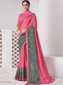Odette - Pink & Grey Geometric Embroidered Saree with Unstitched Blouse