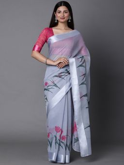 Akhilam - Womens Cotton Blend Grey Printed Celebrity Saree with Unstitched Blouse